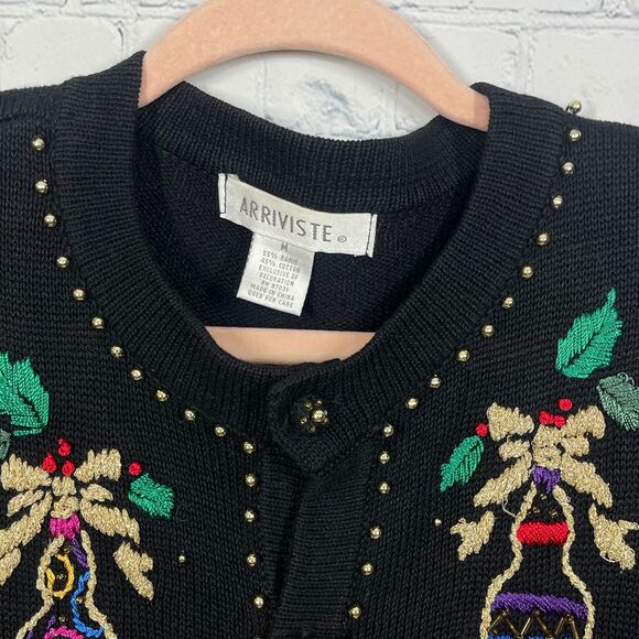 VTG Cardigan Women XL Embroidered Christmas Ornament Beaded Black Retro Sweater - Picture 5 of 12